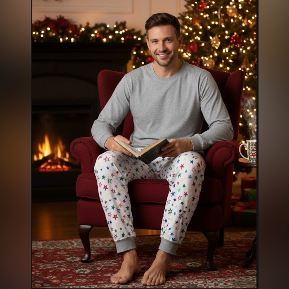 Holiday Lane Men’s Cotton Pajama Set XL – Star Print Joggers & Long Sleeve Top
